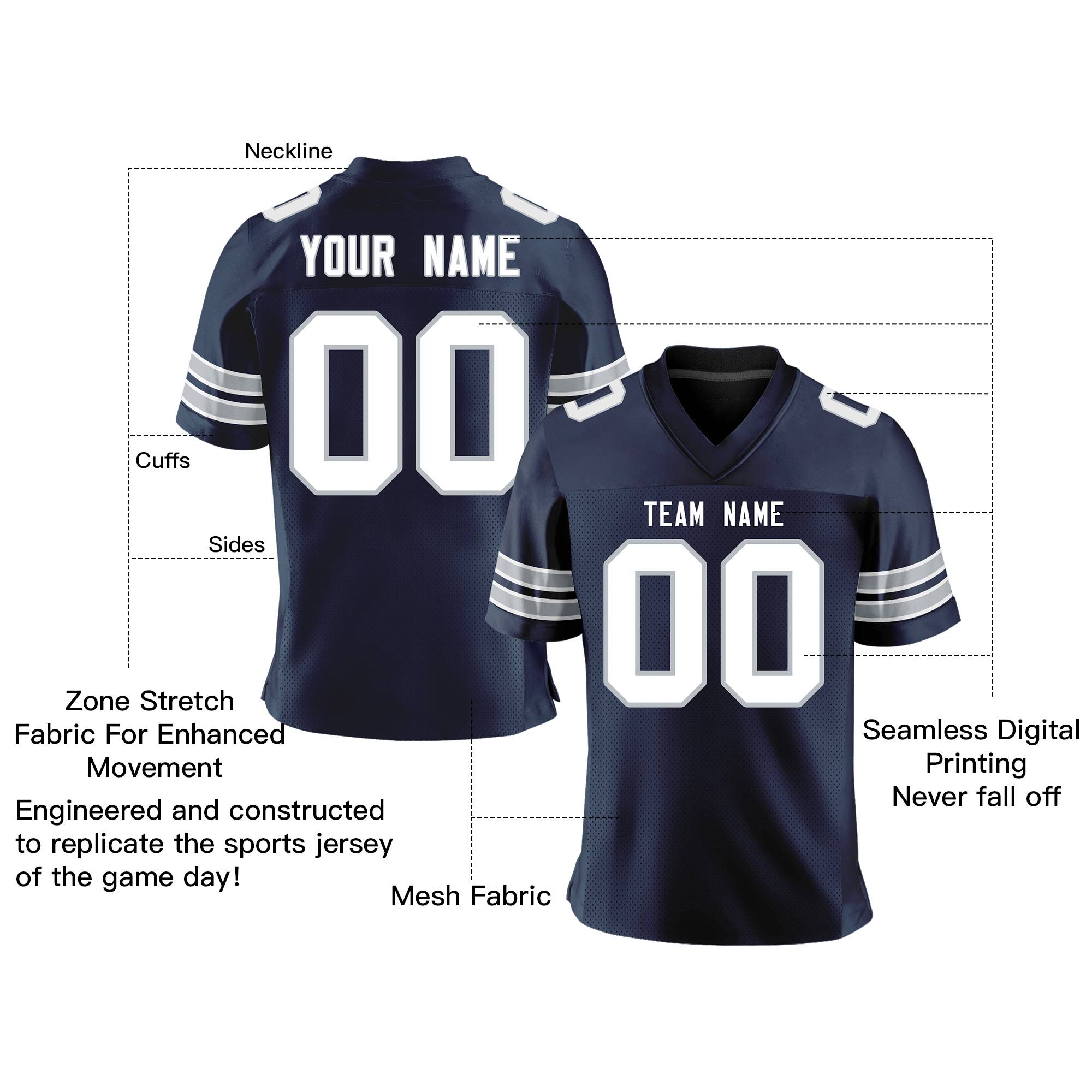 Custom Navy White-Gray Personalized Classic Mesh Authentic Football Jersey