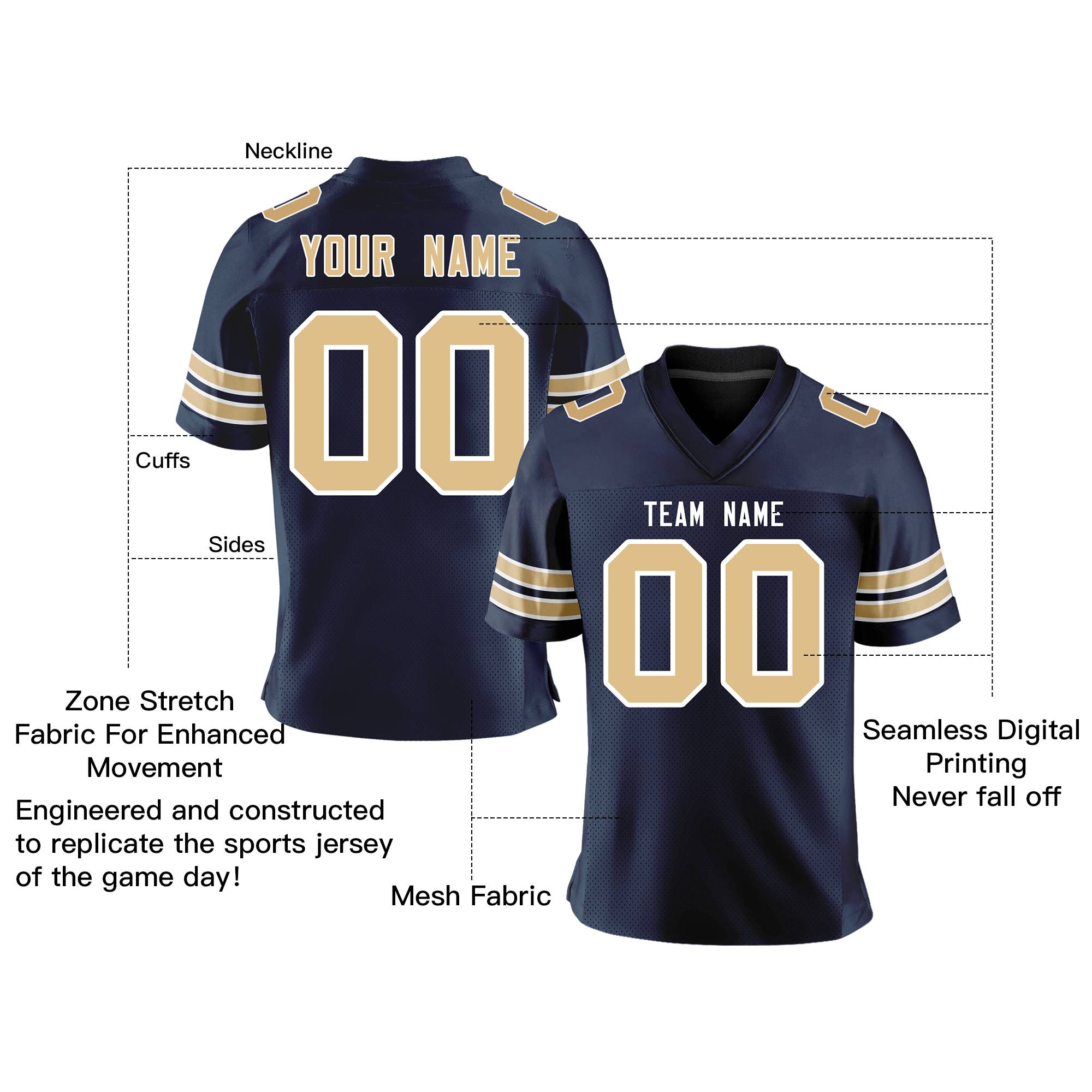 Custom Navy Old Gold-White Personalized Classic Mesh Authentic Football Jersey