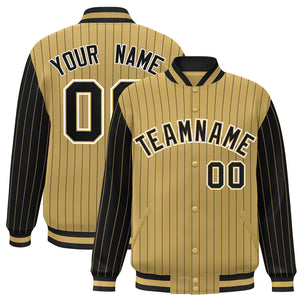 Custom Old Gold Black Raglan Sleeves Varsity Full-Snap Pinstripe Letterman Baseball Jacket