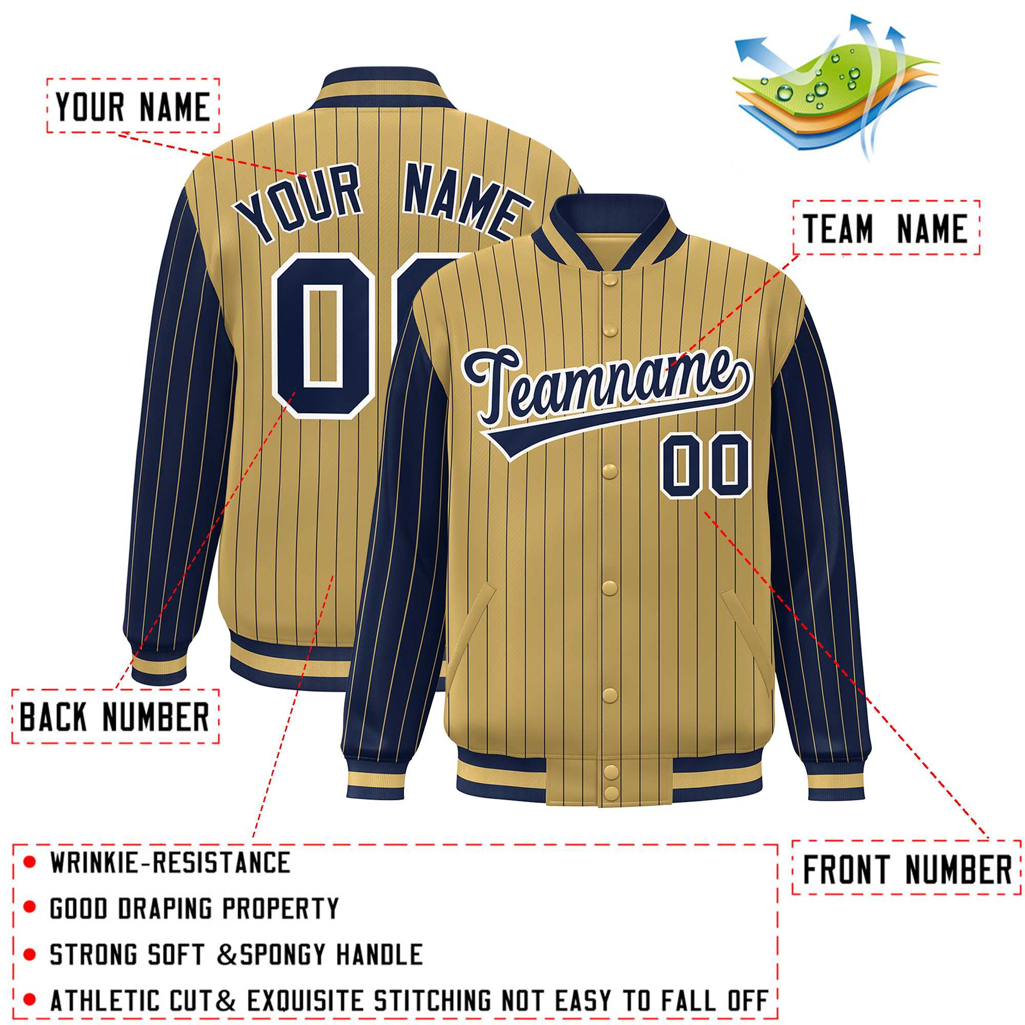 Custom Old Gold Navy Raglan Sleeves Varsity Full-Snap Pinstripe Letterman Baseball Jacket