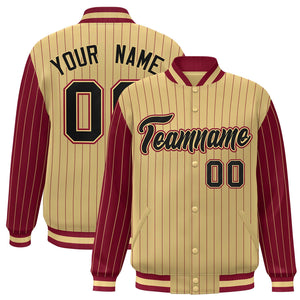 Custom Khaki Crimson Raglan Sleeves Varsity Full-Snap Pinstripe Letterman Baseball Jacket