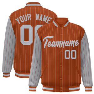 Custom Texas Orange Gray Raglan Sleeves Varsity Full-Snap Pinstripe Letterman Baseball Jacket