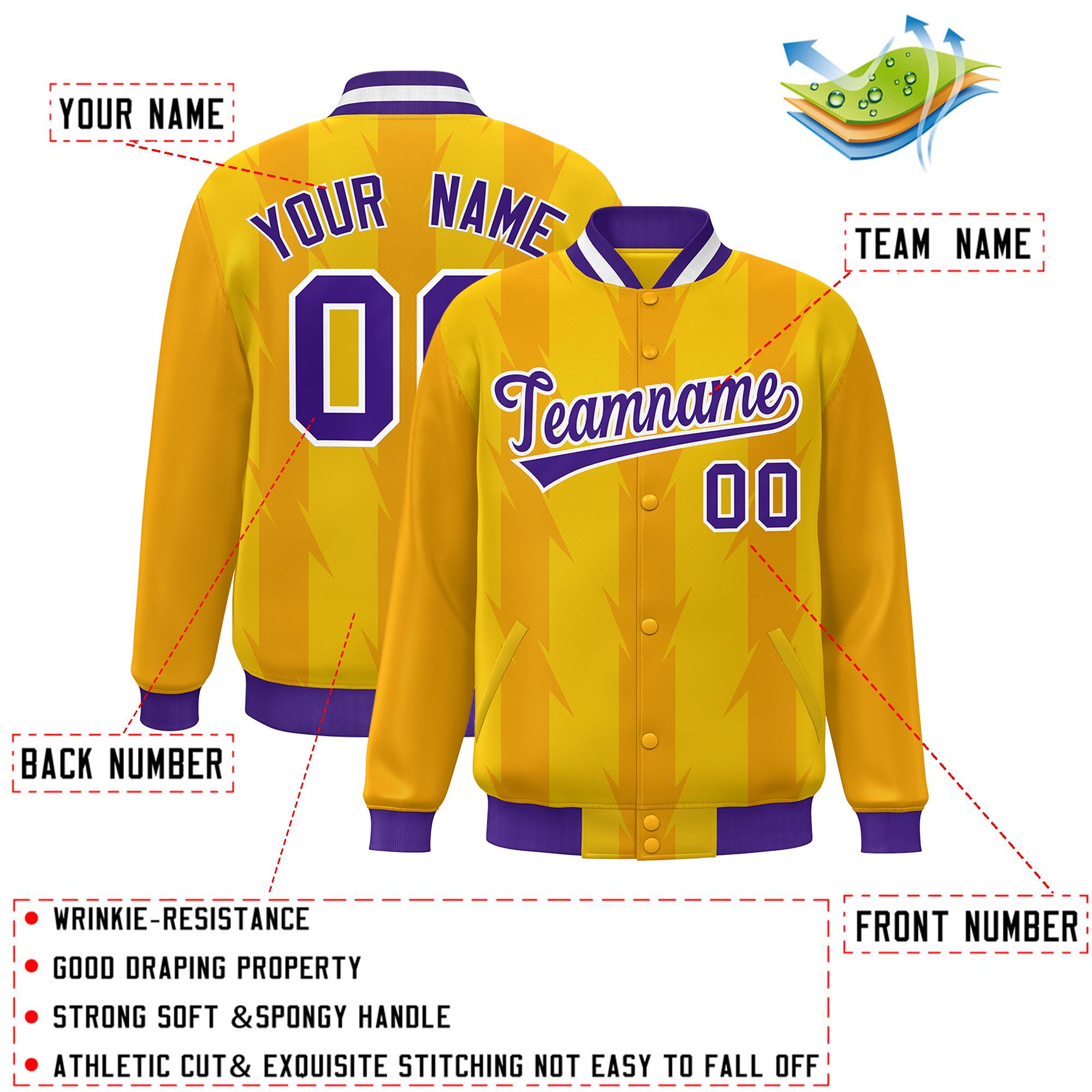 Custom Gold Gold Varsity Full-Snap Blade Pattern Raglan Sleeves Letterman Baseball Jacket