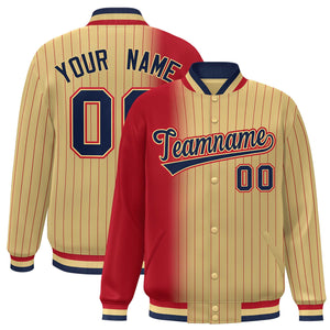 Custom Khaki Red Gradient Varsity Full-Snap Pinstripe Letterman Baseball Jacket