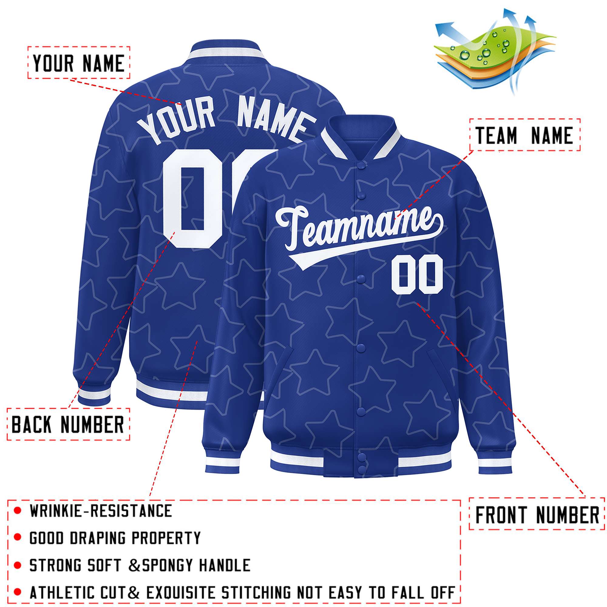 Custom Royal White Varsity Full-Snap Star Pattern Letterman Baseball Jacket