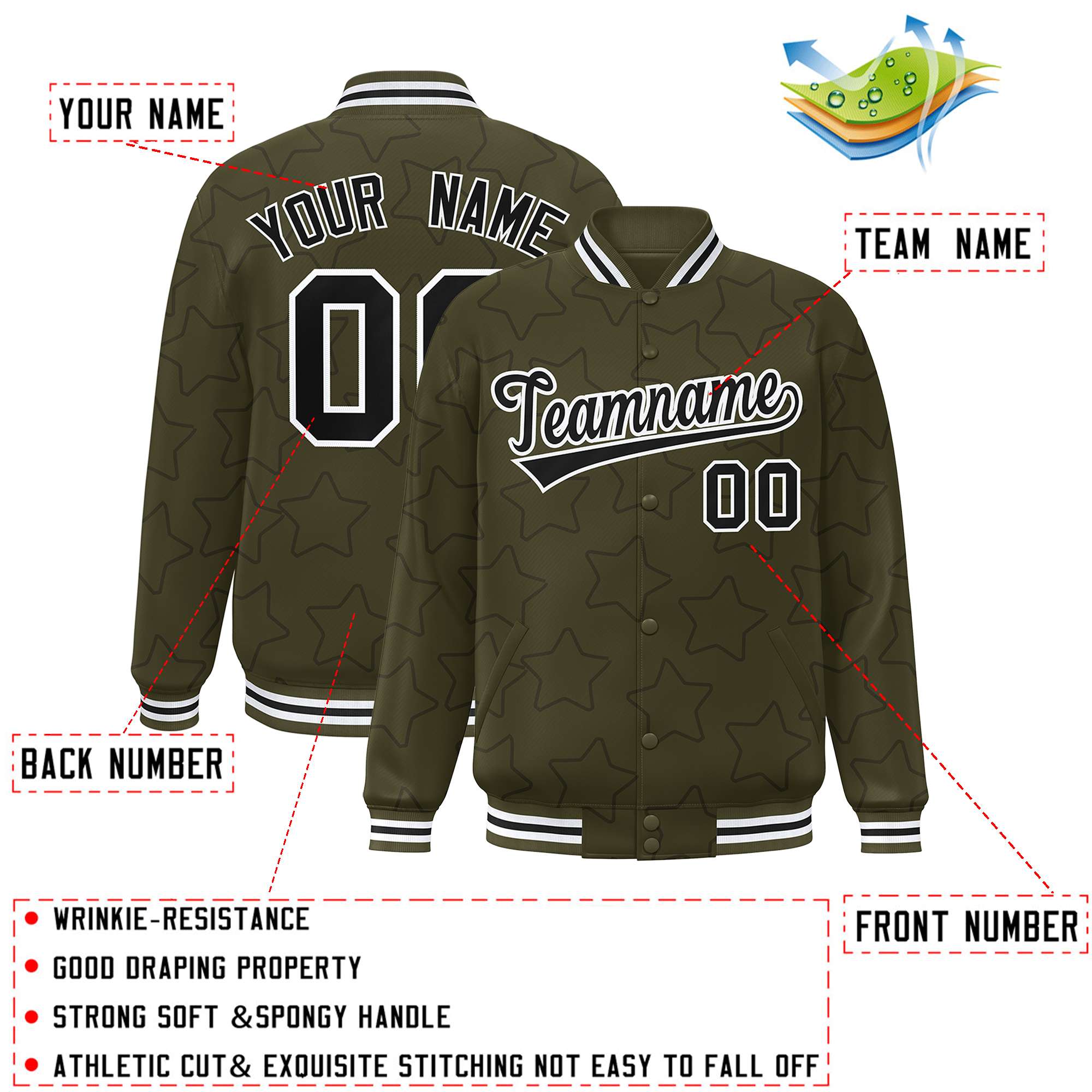 Custom Olive Black Varsity Full-Snap Star Pattern Letterman Baseball Jacket