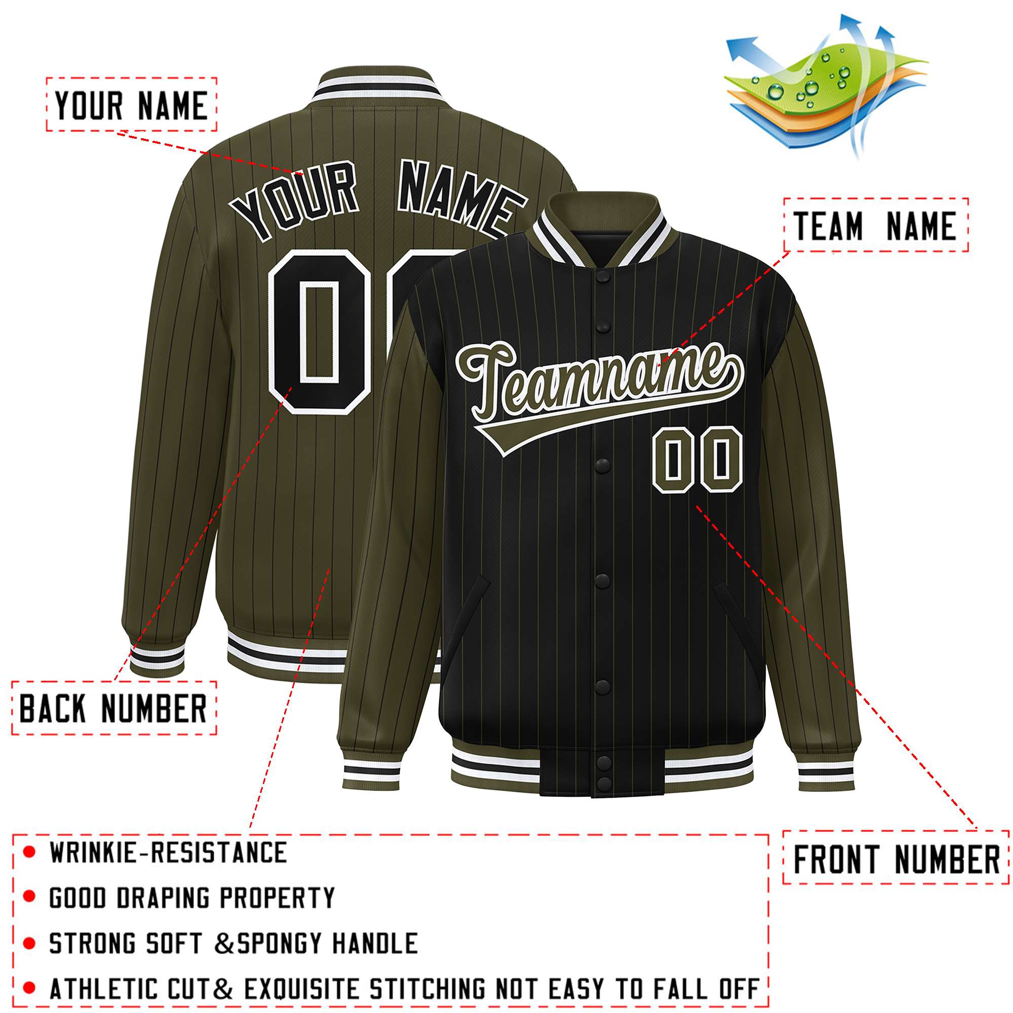 Custom Black Olive Raglan Sleeves Varsity Full-Snap Pinstripe Letterman Baseball Jacket