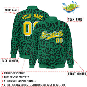 Custom Kelly Green Black Varsity Full-Snap Leopard Print Graffiti Pattern Letterman Baseball Jacket