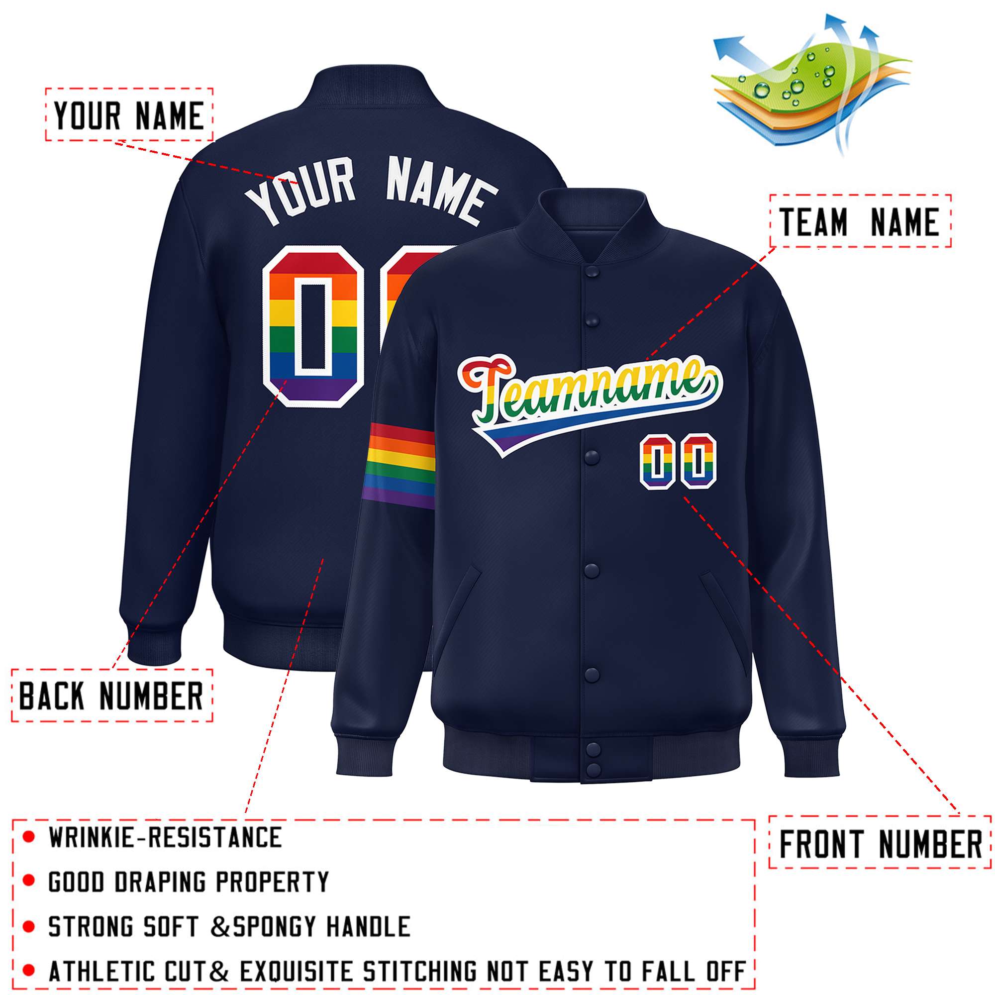 Custom Navy LGBT Rainbow For Pride Month Classic Style Letterman Baseball Jacket