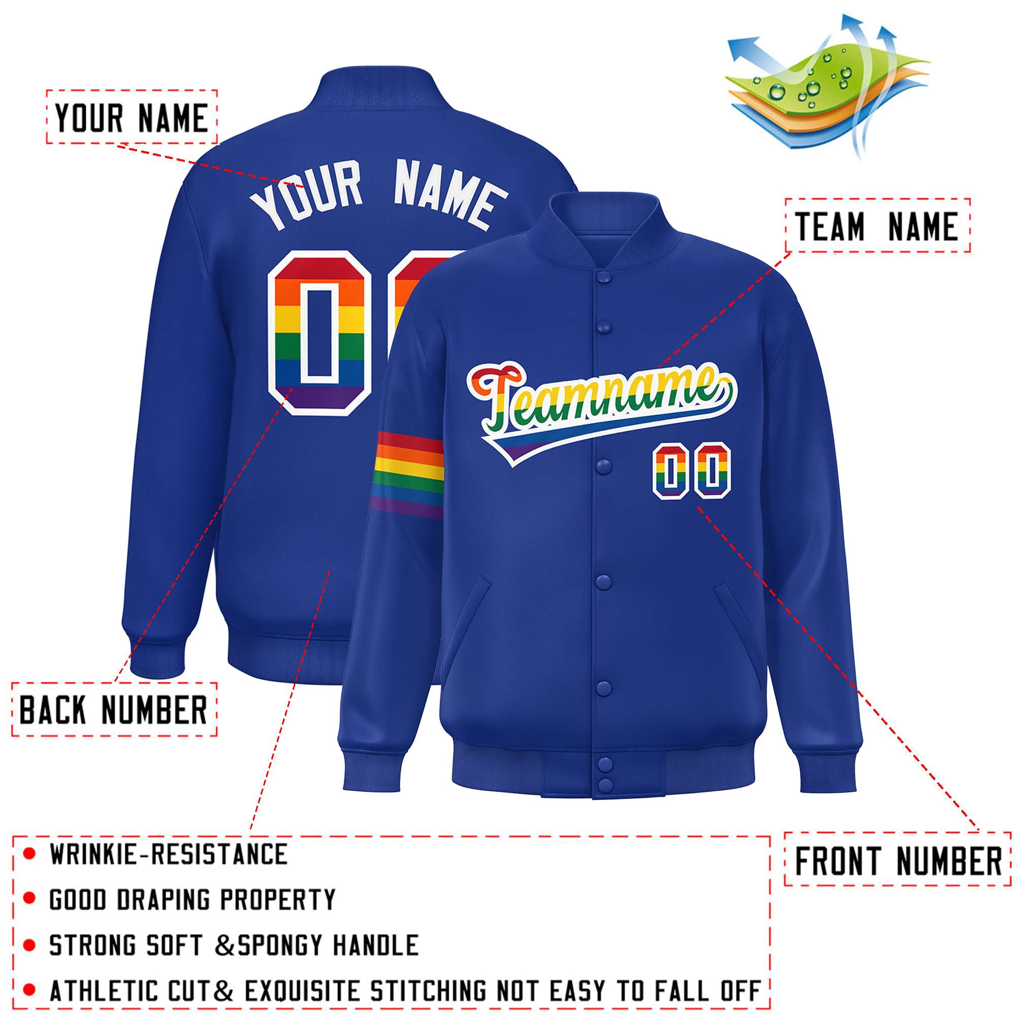 Custom Royal LGBT Rainbow For Pride Month Classic Style Letterman Baseball Jacket