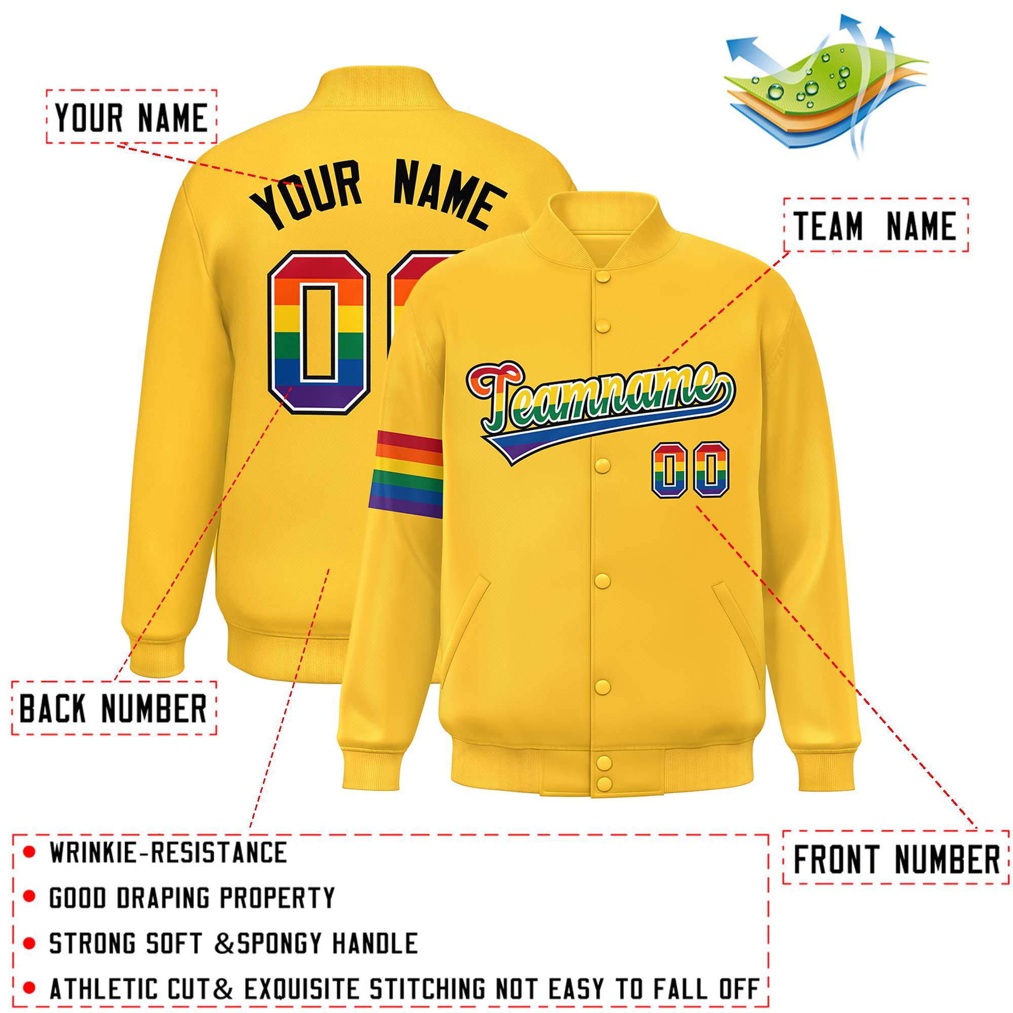 Custom Gold LGBT Rainbow For Pride Month Classic Style Letterman Baseball Jacket
