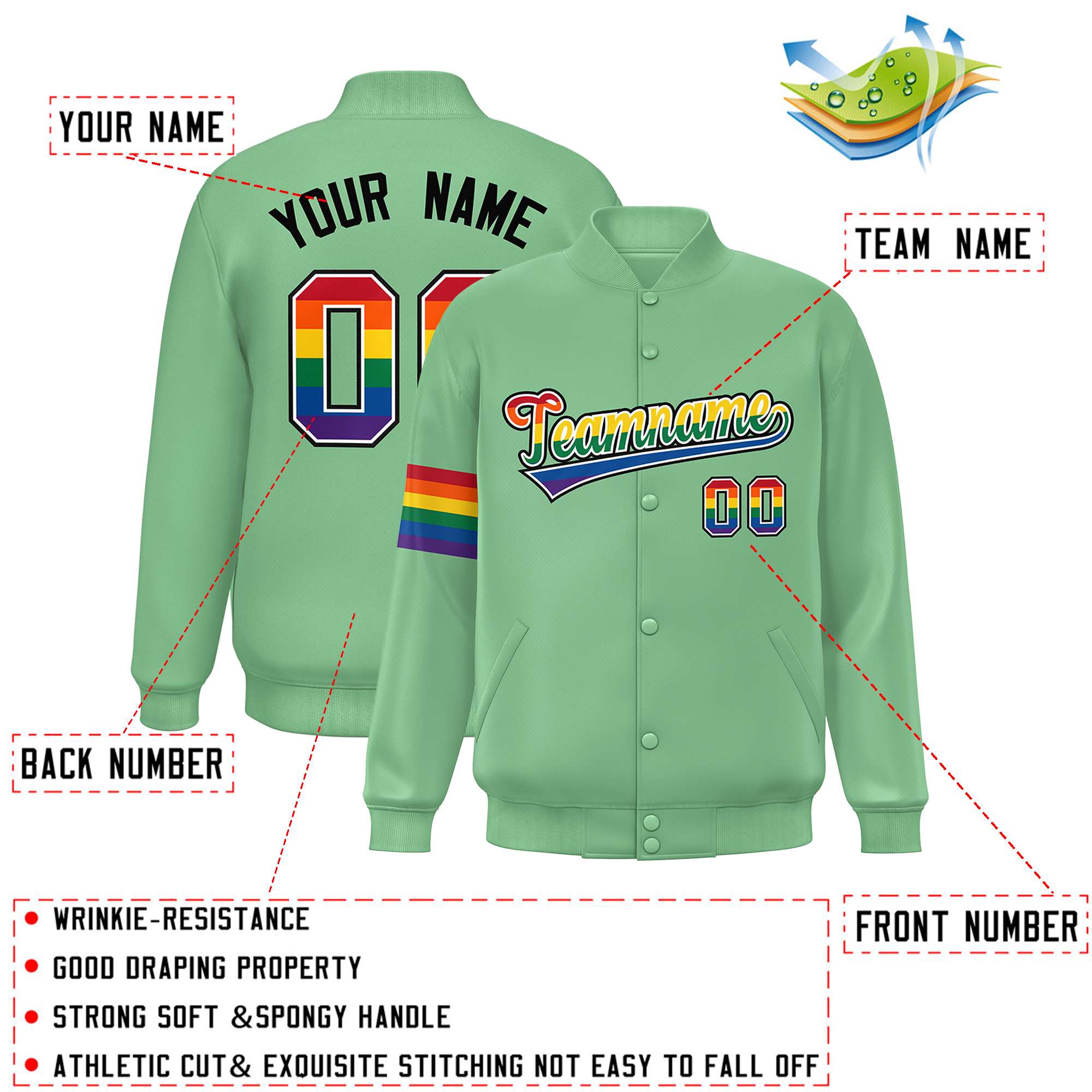 Custom Light Green LGBT Rainbow For Pride Month Classic Style Letterman Baseball Jacket