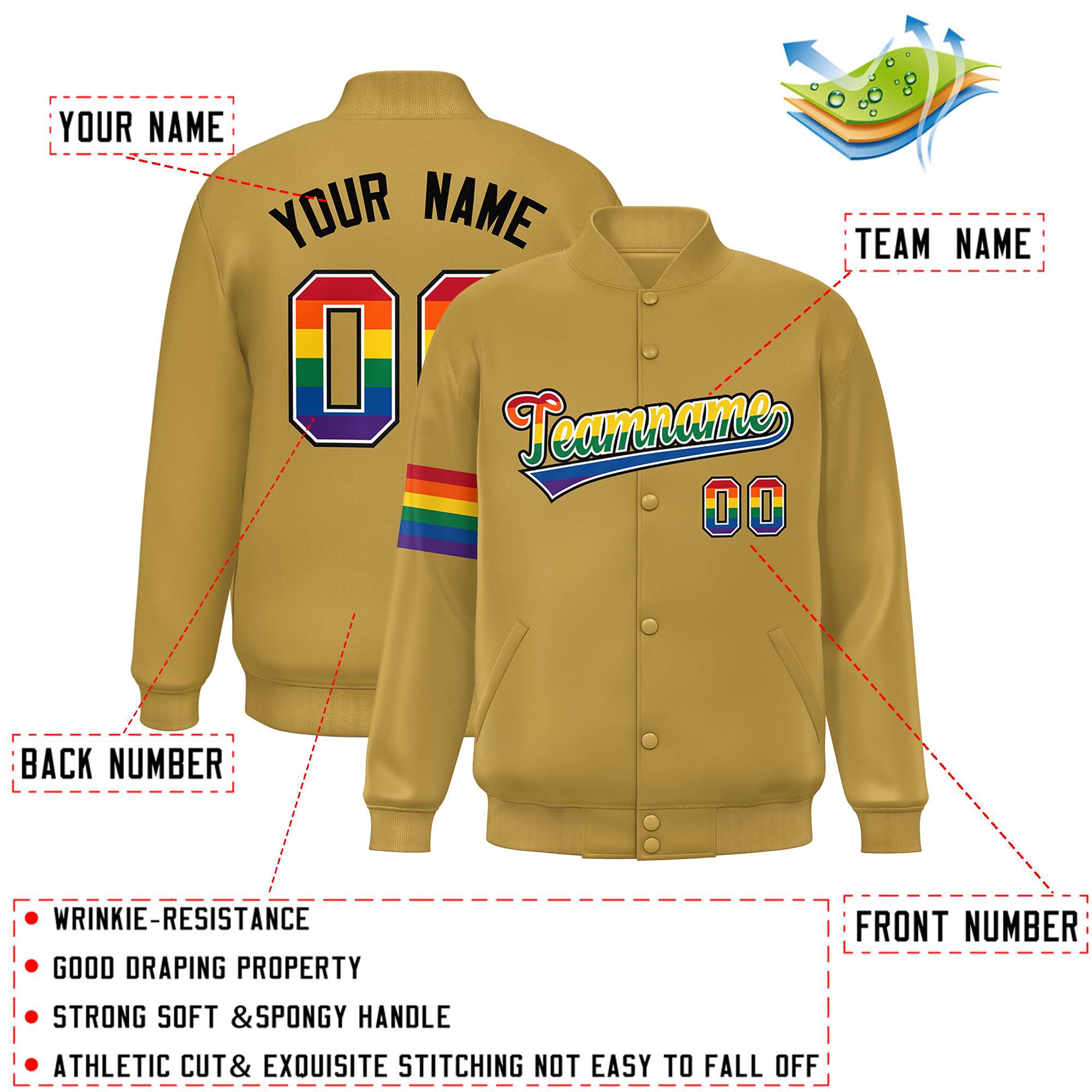Custom Old Gold LGBT Rainbow For Pride Month Classic Style Letterman Baseball Jacket