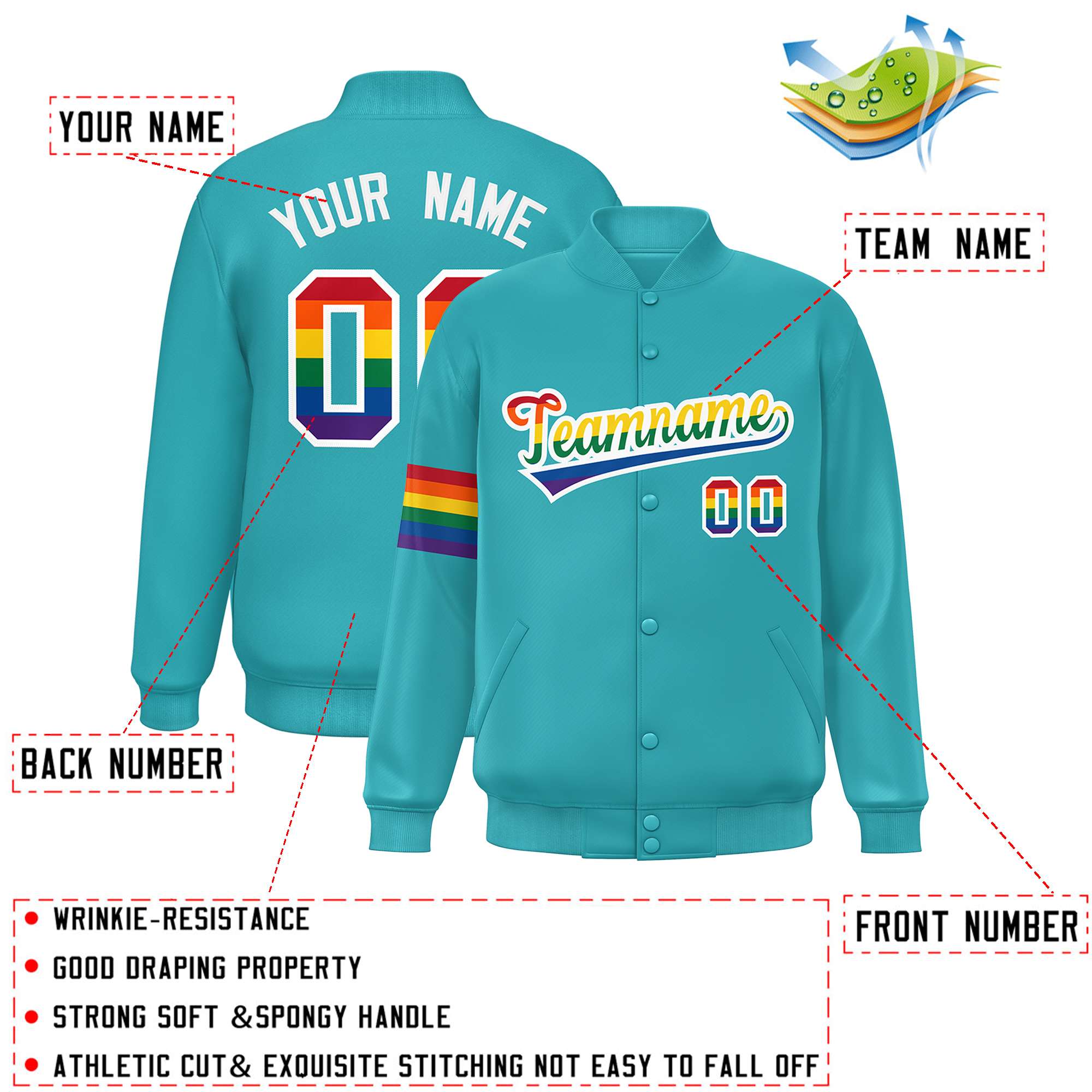 Custom Aqua LGBT Rainbow For Pride Month Classic Style Letterman Baseball Jacket