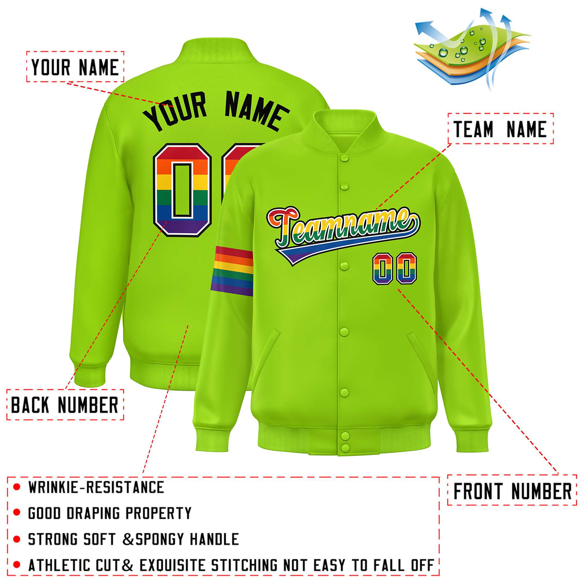 Custom Neon Green LGBT Rainbow For Pride Month Classic Style Letterman Baseball Jacket