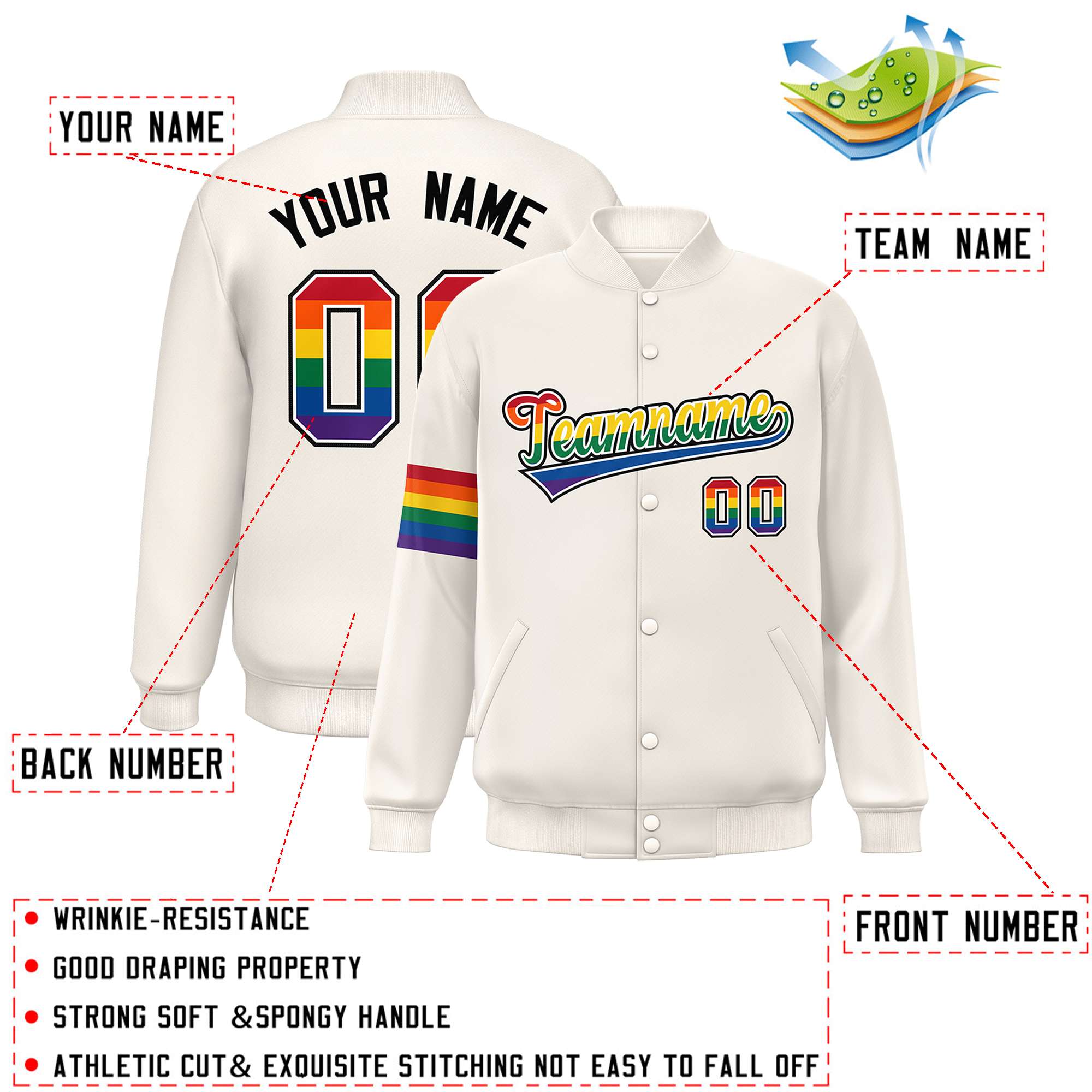 Custom Cream LGBT Rainbow For Pride Month Classic Style Letterman Baseball Jacket
