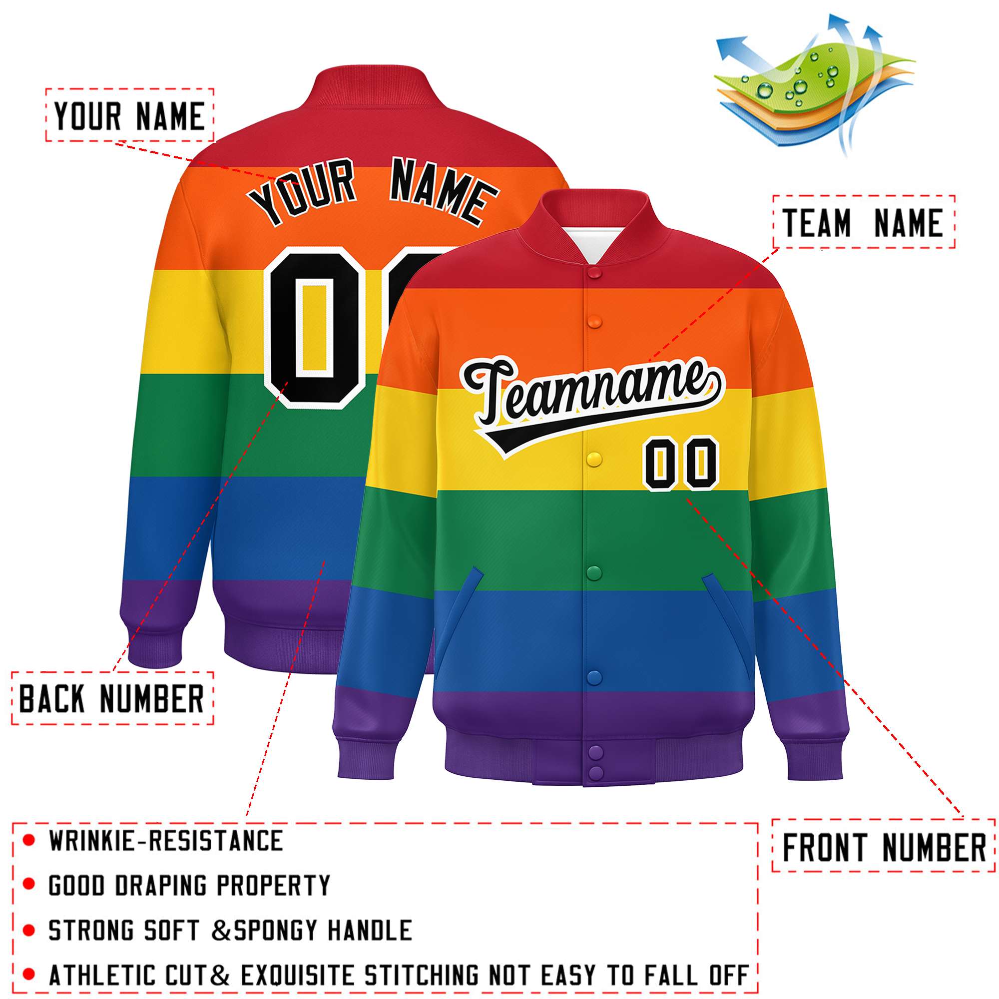 Custom LGBT Rainbow For Pride Month Full-Snap Color Block Letterman Baseball Jacket
