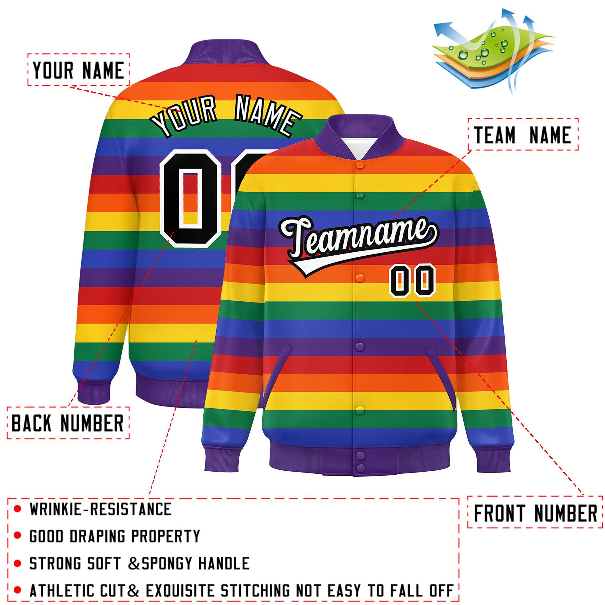 Custom LGBT Rainbow For Pride Month Full-Snap Color Block Letterman Baseball Jacket
