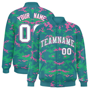 Custom Aqua Pink-Light Green Varsity Full-Snap Camo Letterman Jacket