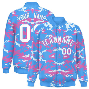 Custom Powder Blue Pink-White Varsity Full-Snap Camo Letterman Jacket