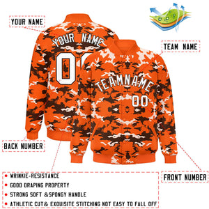 Custom Orange Black-White Varsity Full-Snap Camo Letterman Jacket