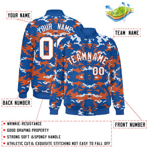 Custom Royal Orange-White Varsity Full-Snap Camo Letterman Jacket