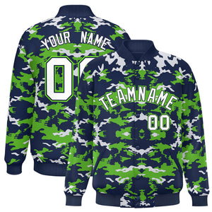 Custom Navy Neon Green-White Varsity Full-Snap Camo Letterman Jacket