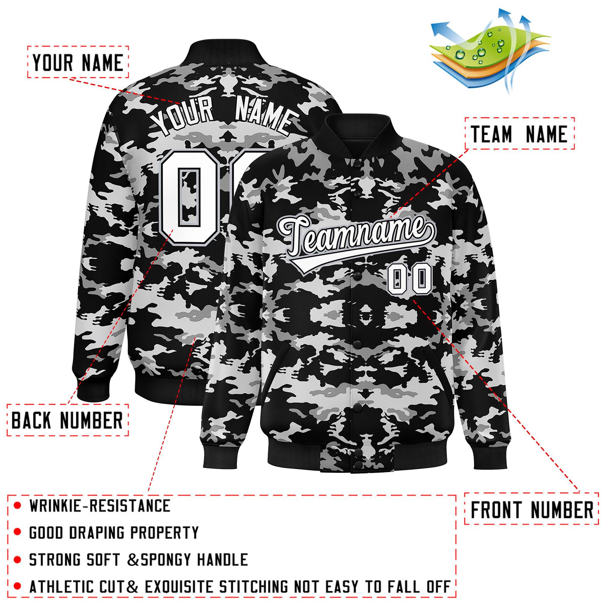 Custom Black Gray-White Varsity Full-Snap Camo Letterman Baseball Jacket