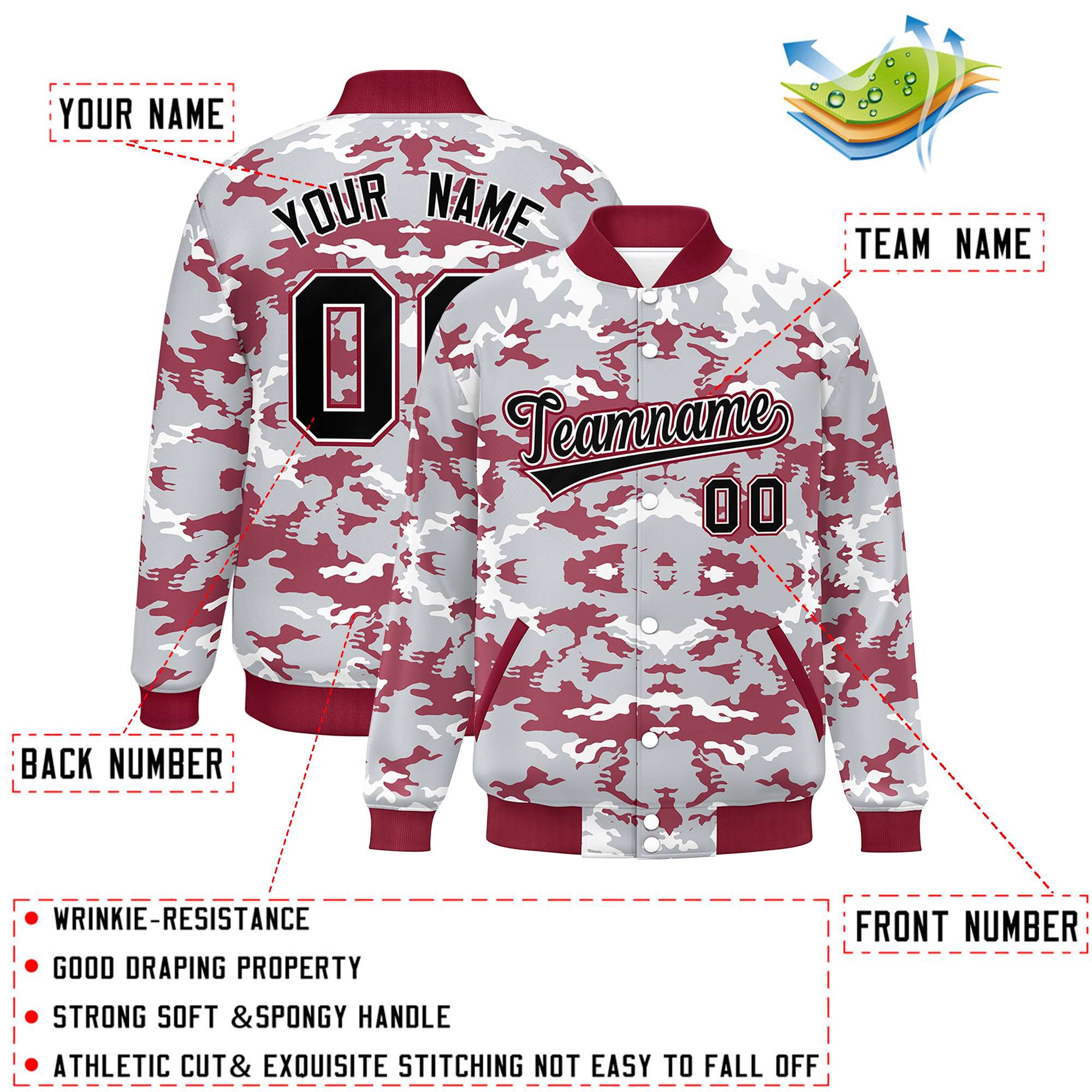 Custom Gray Crimson-White Varsity Full-Snap Camo Letterman Jacket