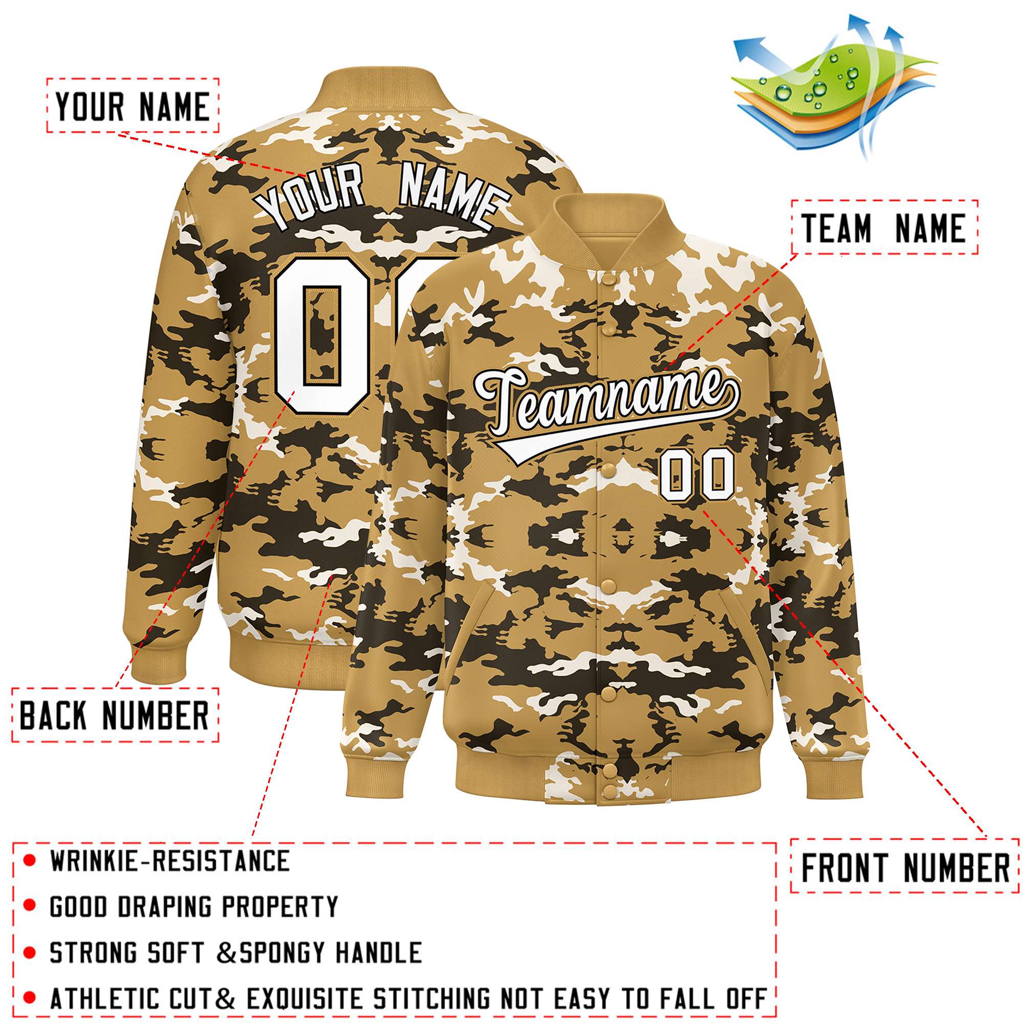 Custom Old Gold Black-White Varsity Full-Snap Camo Letterman Jacket