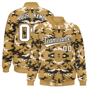 Custom Old Gold Black-White Varsity Full-Snap Camo Letterman Jacket