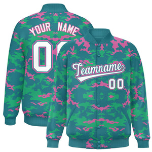 Custom Aqua Pink-Light Green Varsity Full-Snap Camo Letterman Jacket