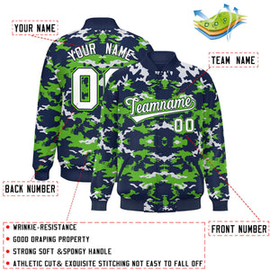 Custom Navy Neon Green-White Varsity Full-Snap Camo Letterman Jacket