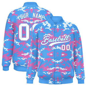 Custom Powder Blue Pink-White Varsity Full-Snap Camo Letterman Jacket