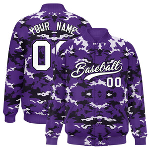 Custom Purple Black-White Varsity Full-Snap Camo Letterman Jacket