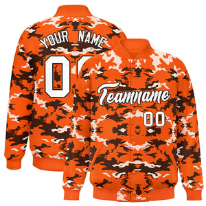 Custom Orange Black-White Varsity Full-Snap Camo Letterman Jacket