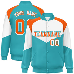 Custom White Aqua Varsity Full-Snap Color Block Letterman Jacket