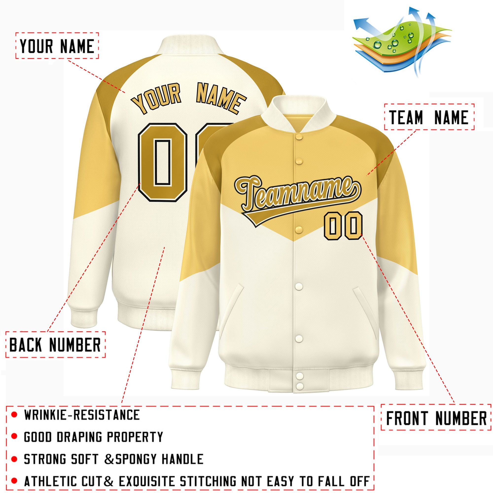 Custom Khaki Cream Varsity Full-Snap Color Block Letterman Jacket