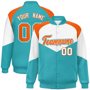 Custom White Aqua Varsity Full-Snap Color Block Letterman Jacket