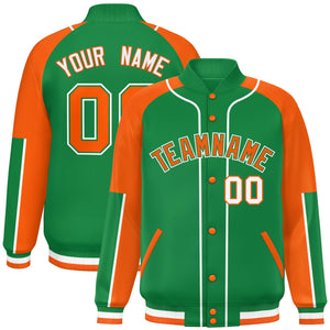 Custom Kelly Green Orange-Kelly Green Raglan Sleeves Varsity Full-Snap Letterman Baseball Jacket