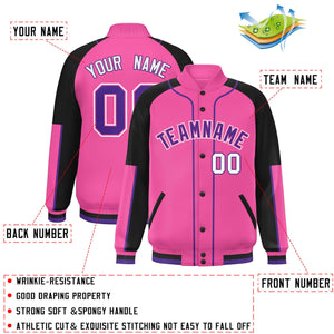 Custom Pink Black-Pink Raglan Sleeves Varsity Full-Snap Letterman Baseball Jacket