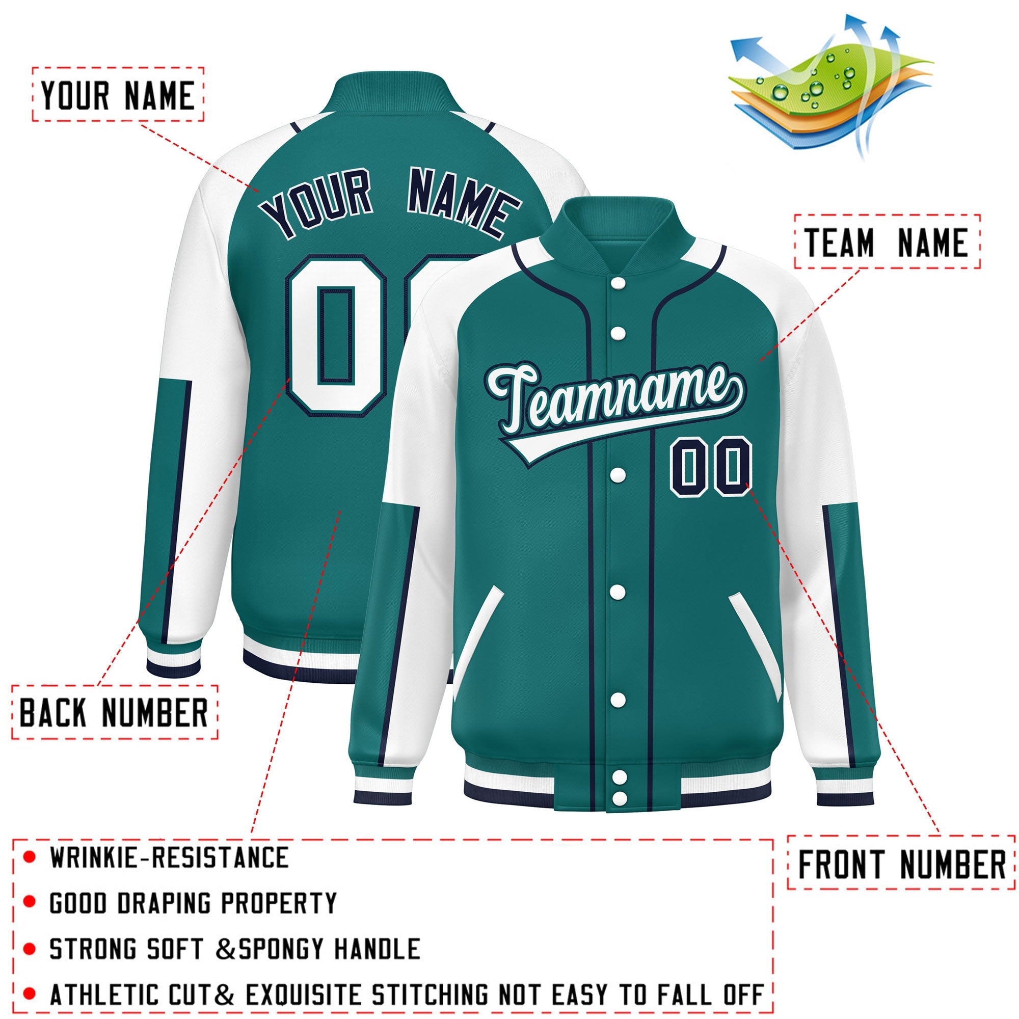 Custom Aqua White-Aqua Raglan Sleeves Varsity Full-Snap Letterman Baseball Jacket