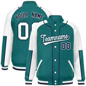 Custom Aqua White-Aqua Raglan Sleeves Varsity Full-Snap Letterman Baseball Jacket