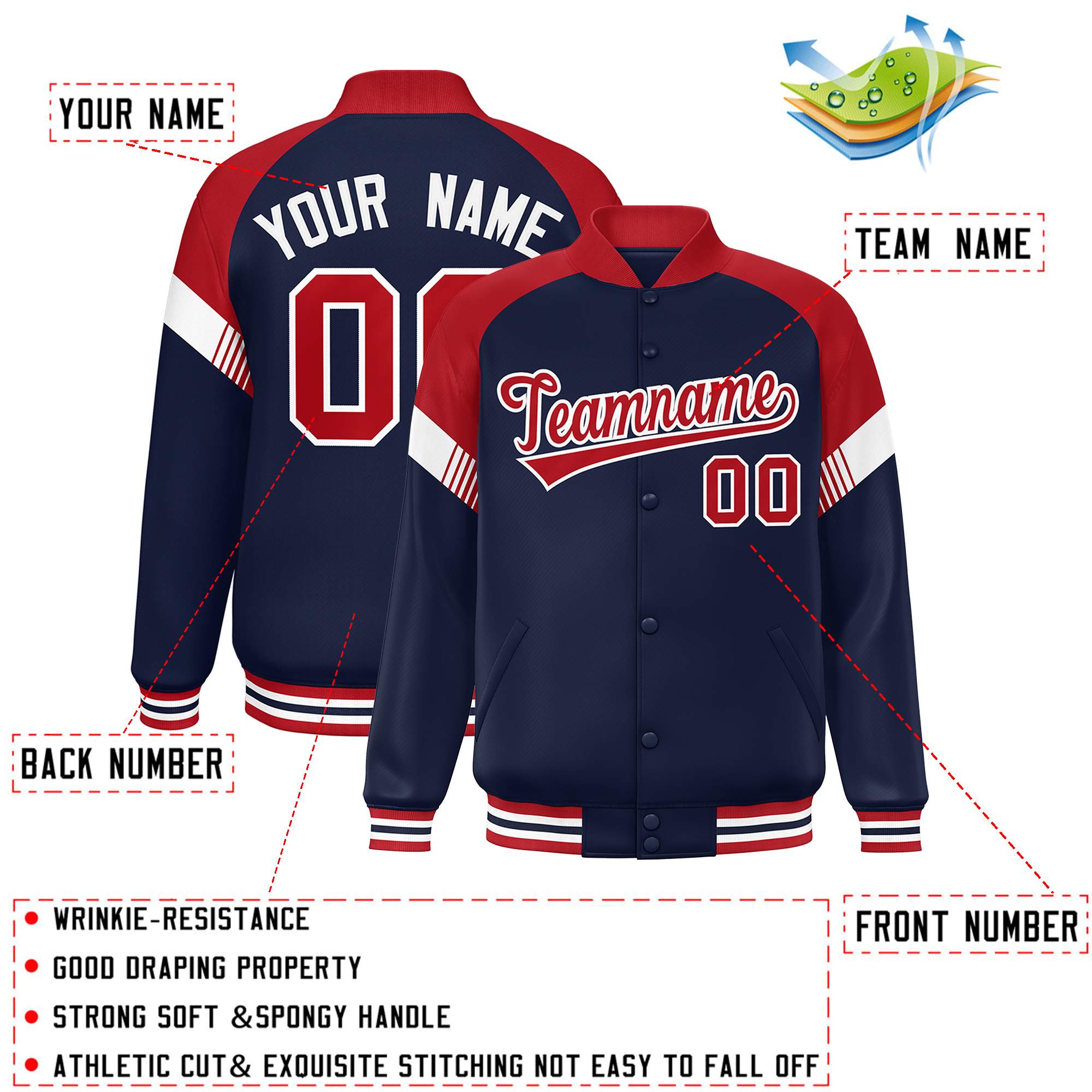 Custom Navy Red-White Varsity Full-Snap Color Block Letterman Jacket