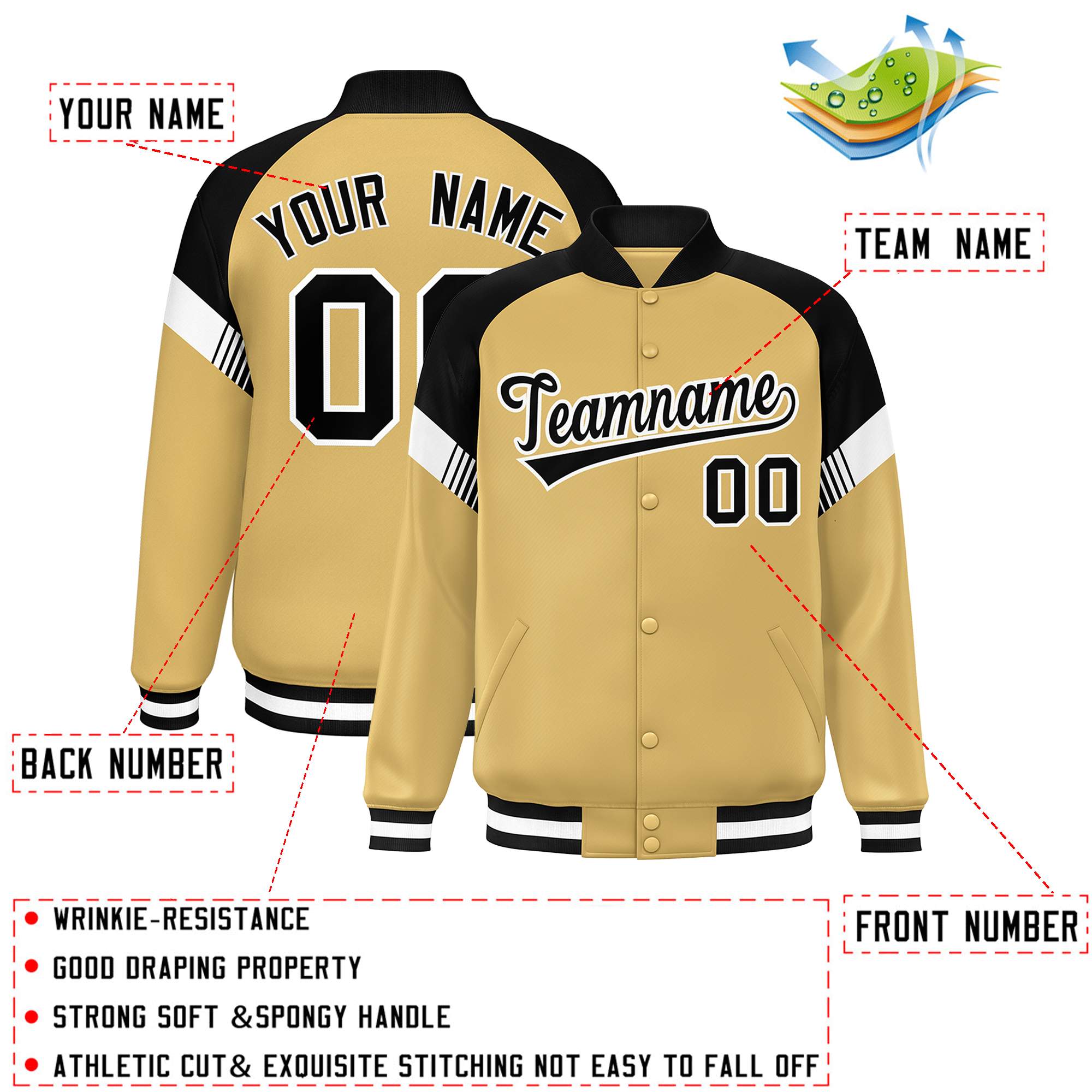 Custom Old Gold Black-White Varsity Full-Snap Color Block Letterman Jacket