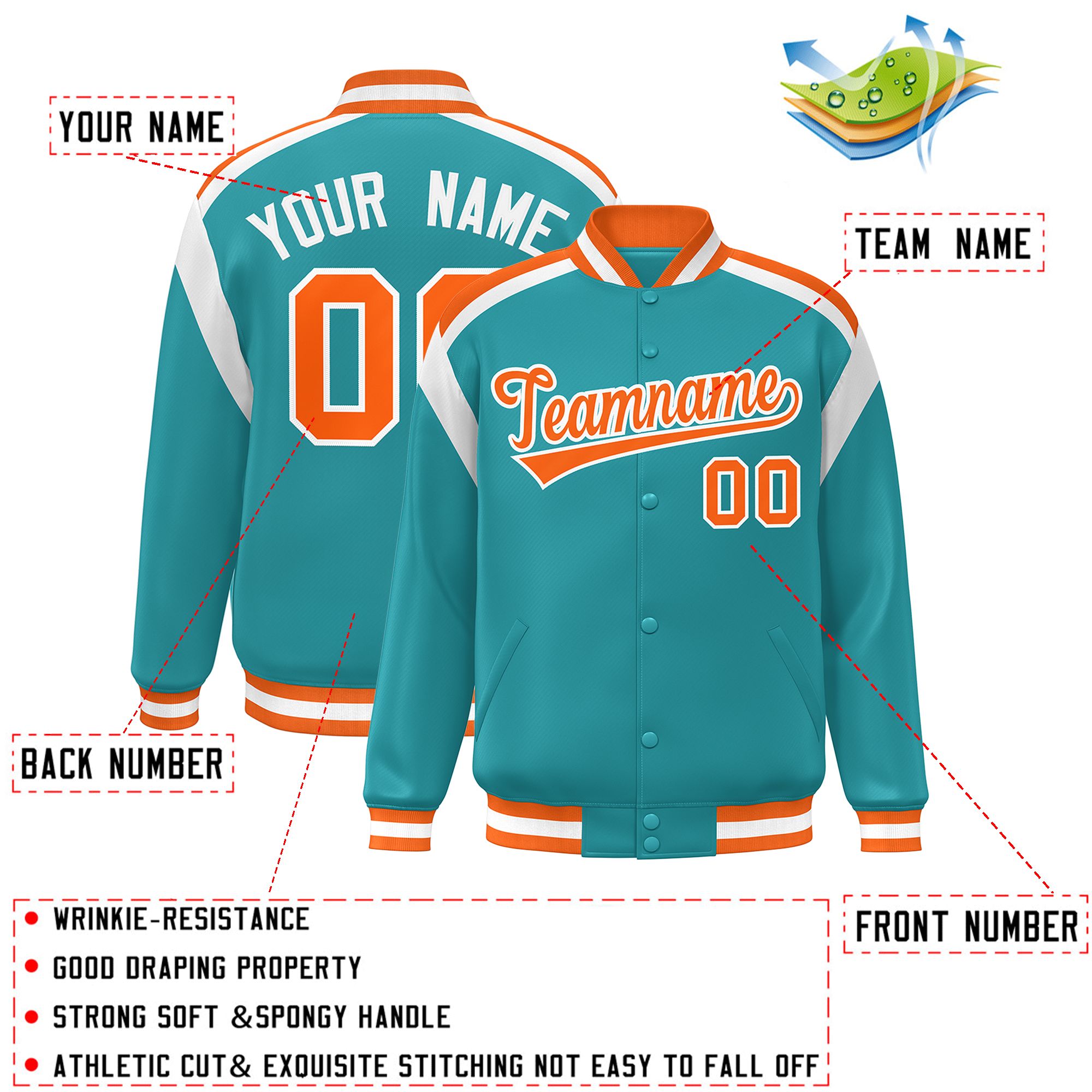 Custom Aqua Varsity Full-Snap Color Block Letterman Jacket