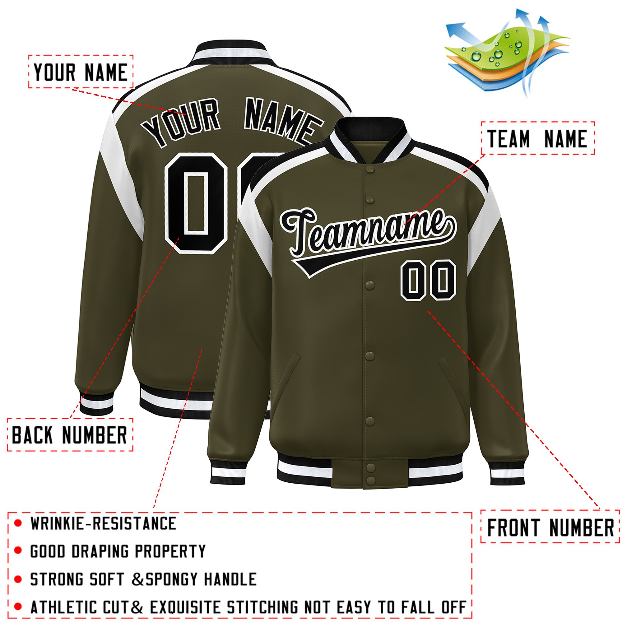 Custom Olive Varsity Full-Snap Color Block Letterman Jacket