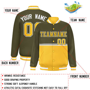 Custom Olive Gold Varsity Full-Snap Color Block Letterman Jacket