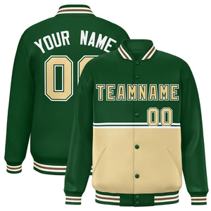 Custom Green Khaki Varsity Full-Snap Color Block Letterman Jacket