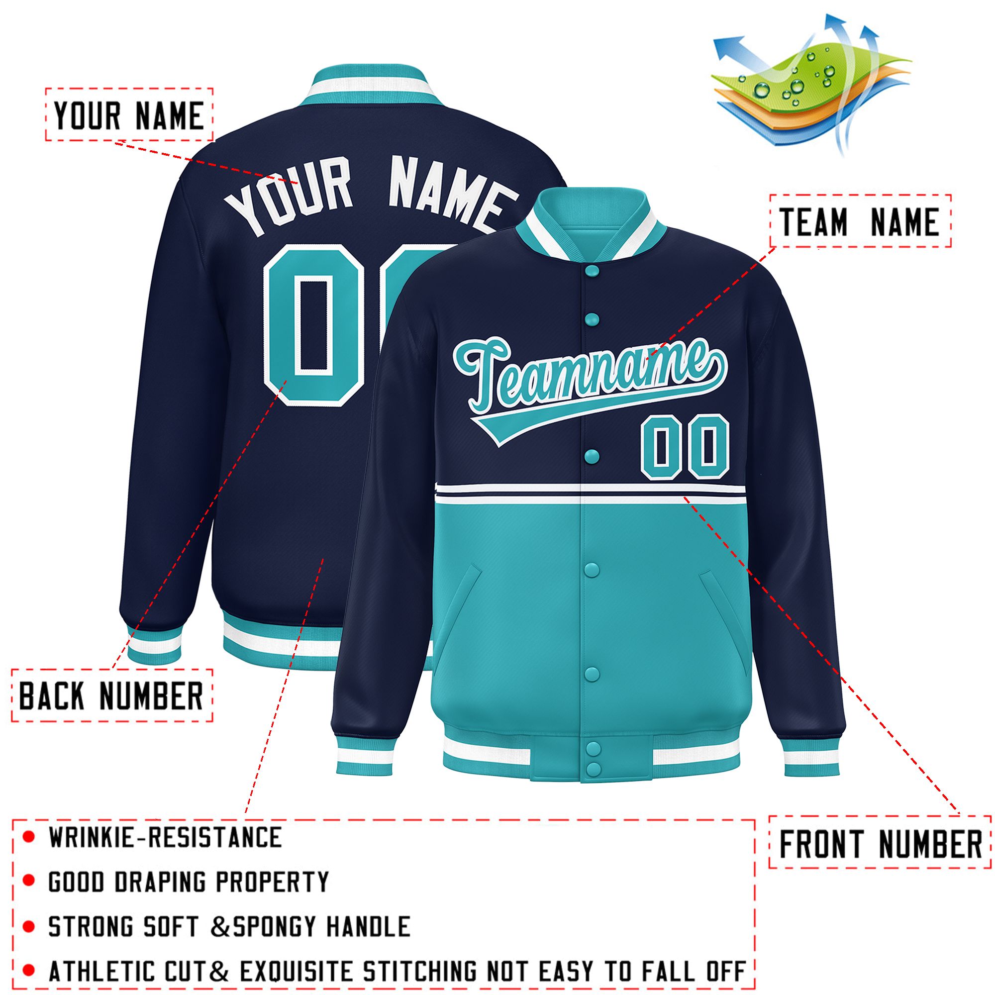 Custom Navy Aqua Varsity Full-Snap Color Block Letterman Jacket